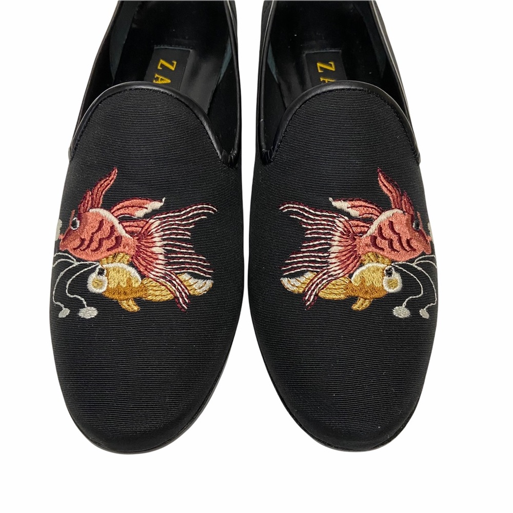 ZALO Black Faille Silk Koi Fish Embroidered Smoking Loafers - Picture 2 of 10
